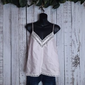 Dior 90s satin spaghetti strap camisole w/ v neck lace detailing blush pink